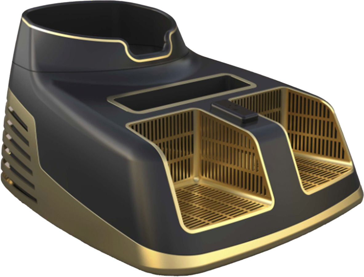 JusMik Dry Paws black and gold product rendering with paw baskets at the front