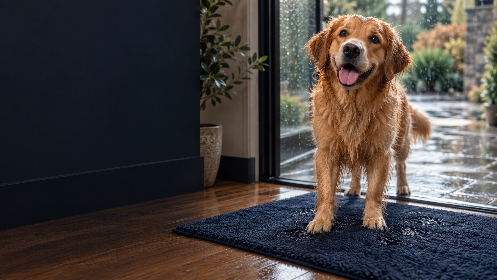 A golden dog arriving home after a rainy outing
